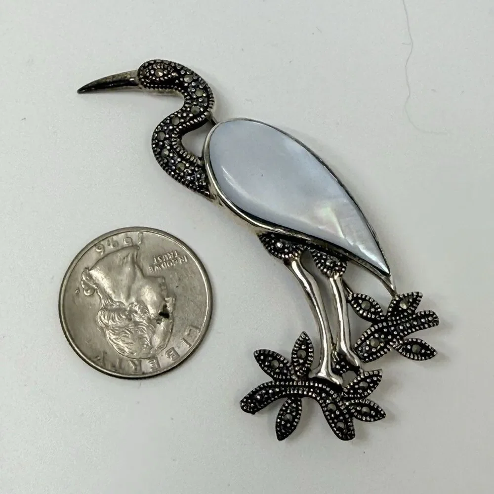 Vintage Sterling Silver Marcasite Mother Of Pearl Standing Heron Bird Brooch 13g